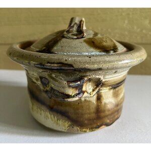 Vtg Studio Art Pottery Lidded  1Qt Casserole w/ Handles Crock Earthy Hygge